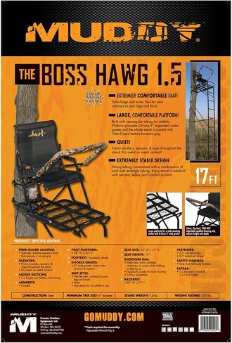 Muddy Boss Hawg 1.5 Deer Hunting Ladderstand ، 17 قدمًا 1 شخص يتسلق شجرة مع مقعد قطني ومنصة معدنية D-Force الموسعة D-Force in Saudi Arabia