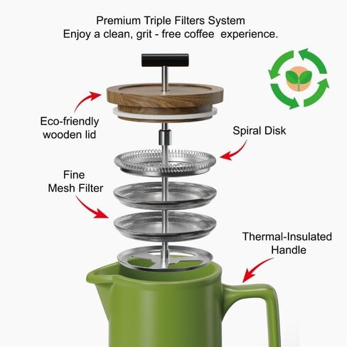 DHPO Ceramic French Press Coffee Maker ، 22 أونصة قهوة الصحافة الدليل مع غطاء خشب الجوز ، مرشح الفولاذ المقاوم للصدأ من طراز الطعام مع شاشة مزدوجة لتناول القهوة والشاي الفضفاض ، وصندوق الهدايا ، والأسود in Kuwait