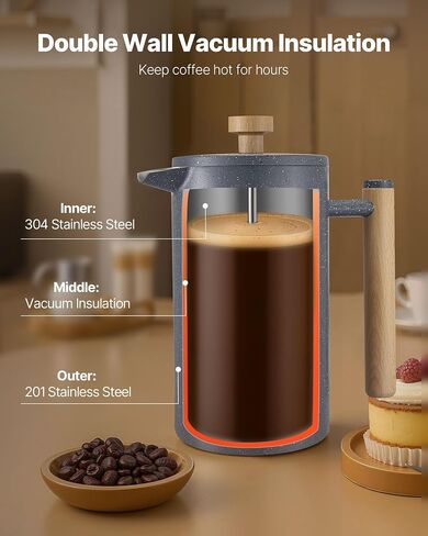 Vevor French Press Coffee Maker ، 51 أونصة 1.5 لتر من الصلب غير القابل للصدأ ، صانع شاي صانع شاي مع مرشح ، جدار كبير مزدوج معزول الفرنسية المشروب البارد للتخييم المطبخ منزل السفر ، والفضة in Kuwait