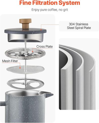 Vevor French Press Coffee Maker ، 51 أونصة 1.5 لتر من الصلب غير القابل للصدأ ، صانع شاي صانع شاي مع مرشح ، جدار كبير مزدوج معزول الفرنسية المشروب البارد للتخييم المطبخ منزل السفر ، والفضة in Kuwait