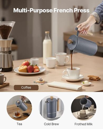 Vevor French Press Coffee Maker ، 51 أونصة 1.5 لتر من الصلب غير القابل للصدأ ، صانع شاي صانع شاي مع مرشح ، جدار كبير مزدوج معزول الفرنسية المشروب البارد للتخييم المطبخ منزل السفر ، والفضة in Kuwait