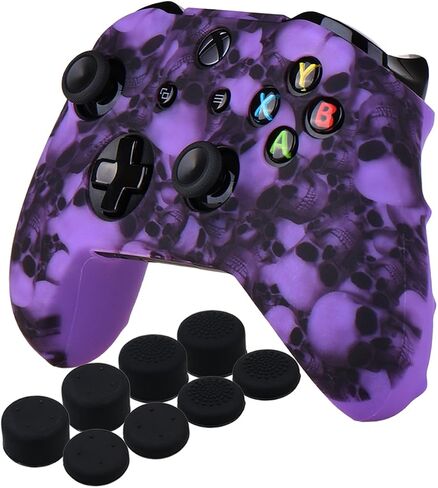 YoRHa Water Transfer Printing Skull Silicone Cover Skin Case for Microsoft Xbox One X & Xbox One S Controller x 1(Purple) with PRO Thumb Grips x 8 in Saudi Arabia