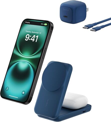 Belkin Magsafe Charger متوافق ، محطة شحن 2-in-1 ، QI2.2 25W Dock الشاحن اللاسلكي المغناطيسي ، حامل قابلة للطي ، مع منفذ USB-C 5W ، لـ iPhone 16/15/14 ، AirPods (محول 45 واط) in Saudi Arabia