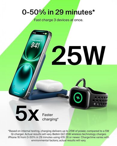 Belkin Magsafe Charger متوافق ، محطة شحن 2-in-1 ، QI2.2 25W Dock الشاحن اللاسلكي المغناطيسي ، حامل قابلة للطي ، مع منفذ USB-C 5W ، لـ iPhone 16/15/14 ، AirPods (محول 45 واط) in Saudi Arabia