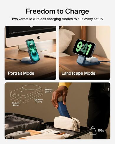 Belkin Magsafe Charger متوافق ، محطة شحن 2-in-1 ، QI2.2 25W Dock الشاحن اللاسلكي المغناطيسي ، حامل قابلة للطي ، مع منفذ USB-C 5W ، لـ iPhone 16/15/14 ، AirPods (محول 45 واط) in Saudi Arabia