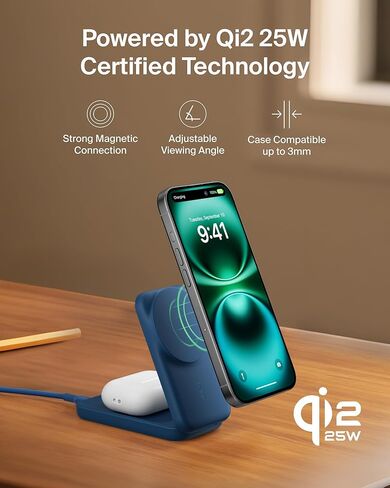 Belkin Magsafe Charger متوافق ، محطة شحن 2-in-1 ، QI2.2 25W Dock الشاحن اللاسلكي المغناطيسي ، حامل قابلة للطي ، مع منفذ USB-C 5W ، لـ iPhone 16/15/14 ، AirPods (محول 45 واط) in Saudi Arabia