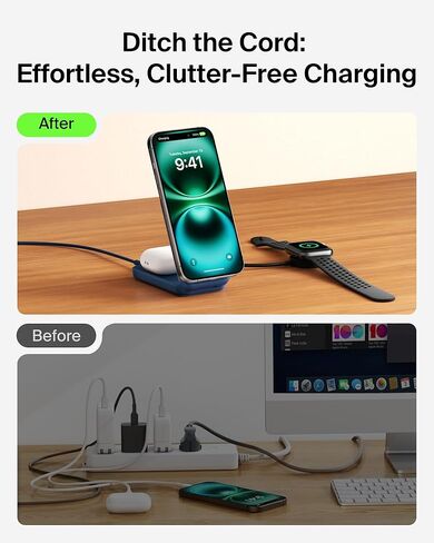 Belkin Magsafe Charger متوافق ، محطة شحن 2-in-1 ، QI2.2 25W Dock الشاحن اللاسلكي المغناطيسي ، حامل قابلة للطي ، مع منفذ USB-C 5W ، لـ iPhone 16/15/14 ، AirPods (محول 45 واط) in Saudi Arabia