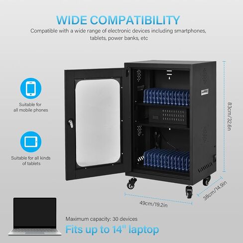 Upgraded Fully Assembled 30 Bay Mobile Charging and Storage Cart,Laptop and Tablet Storage Cart,USB-A/C Multi-Port Charging with Keypad Lock for Phone,Chromebooks,iPades,Up to 14" Screen Size in Kuwait