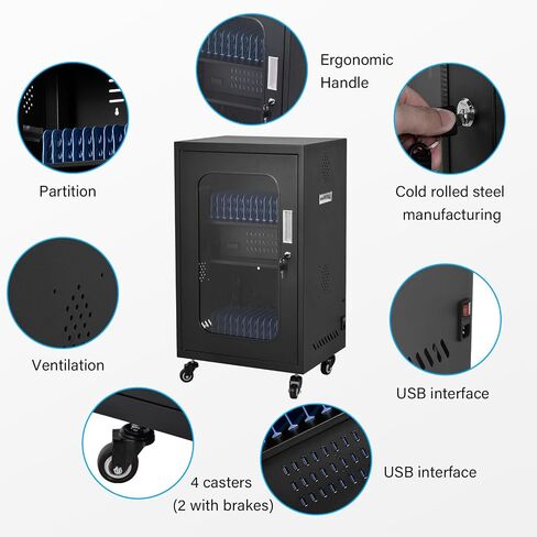 Upgraded Fully Assembled 30 Bay Mobile Charging and Storage Cart,Laptop and Tablet Storage Cart,USB-A/C Multi-Port Charging with Keypad Lock for Phone,Chromebooks,iPades,Up to 14" Screen Size in Kuwait