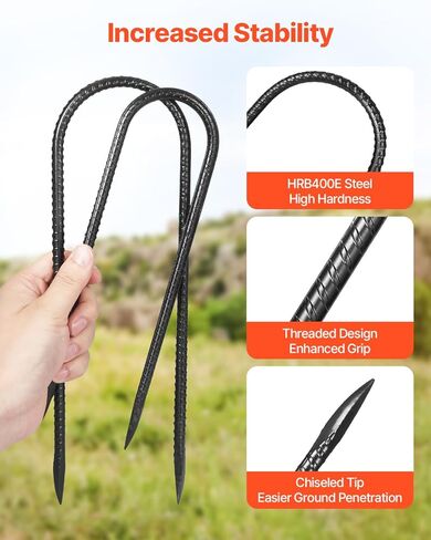 VEVOR Rebar Stakes, 16-Inch, Heavy-Duty 0.45 in Diameter, Straight Galvanized Steel Ground Anchors with Chisel Point End & Rust-Resistant Coating, for Gardening Support, Fence, Camping Tents (16-Pack) in Kuwait