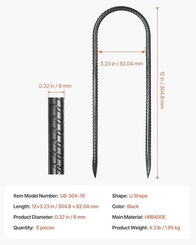 VEVOR Rebar Stakes, 16-Inch, Heavy-Duty 0.45 in Diameter, Straight Galvanized Steel Ground Anchors with Chisel Point End & Rust-Resistant Coating, for Gardening Support, Fence, Camping Tents (16-Pack) in Kuwait