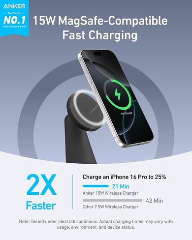 Anker MagSafe Compatible 2-in-1 Charging Stand, iPhone 16 Wireless Charger, Qi2 Certified 15W Ultra-Fast,Adjustable and Super Strong,for iPhone 16/15/14/13/12 Series,AirPods (Black, with 40W Adapter) in Saudi Arabia