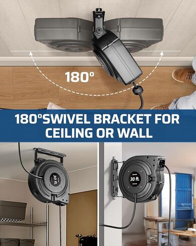 DEWENWILS 30ft بكرة سلك التمديد القابلة للسحب ، 16/3C SJTW سلك الطاقة الثقيلة ، منافذ ثلاثية مضاءة ، قاطع دائرة 10A ، قوس دوارة خفيفة الوزن 180 درجة ، سقف/جدار ، مدرج ETL ، الأسود in Saudi Arabia
