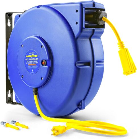 Goodyear Retractable Extension Cord Reel – Heavy-Duty Commercial Cable with Triple Tap Connector, Auto-Rewind & Wall/Ceiling Mountable (Industrial, 12AWG x 80 ft) in Saudi Arabia