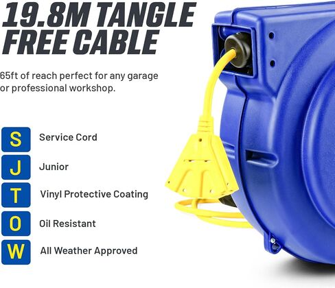 Goodyear Retractable Extension Cord Reel – Heavy-Duty Commercial Cable with Triple Tap Connector, Auto-Rewind & Wall/Ceiling Mountable (Industrial, 12AWG x 80 ft) in Saudi Arabia