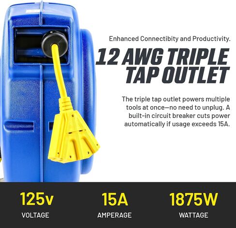 Goodyear Retractable Extension Cord Reel – Heavy-Duty Commercial Cable with Triple Tap Connector, Auto-Rewind & Wall/Ceiling Mountable (Industrial, 12AWG x 80 ft) in Saudi Arabia