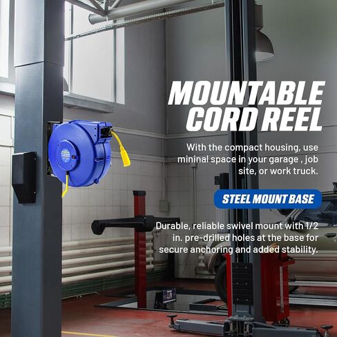 Goodyear Retractable Extension Cord Reel – Heavy-Duty Commercial Cable with Triple Tap Connector, Auto-Rewind & Wall/Ceiling Mountable (Industrial, 12AWG x 80 ft) in Saudi Arabia