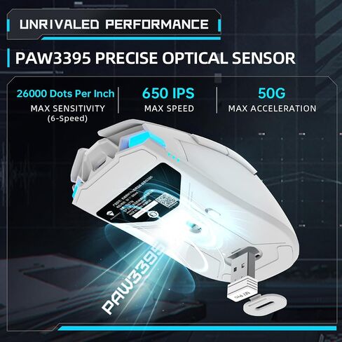 Machenike Wireless Gaming Mouse ، 26،000 dpi ، مستشعر PAW3395 ، RGB الخلفية ، تصميم مريح ، 6 أزرار قابلة للبرمجة ، عمر بطارية طويل ، فئران ذات إضاءة بيضاء متوفرة مع الكمبيوتر الشخصي ، MAC ، MAC in Kuwait
