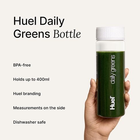 Huel Daily Greens Bottle | BPA Free | Clear with a White Lid | Fill line guide for perfect Measurements | Dishwasher Friendly | 13.5oz in Saudi Arabia
