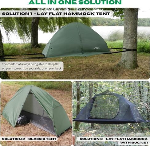 Lay Flat Hammock Tent - Waterproof Hammocks Tents for Camping with Mosquito net - Ultra Light Rain and Fly Proof Sleeping shelter Hybrid Hammok for Adults - All Weather and Seasons in Saudi Arabia