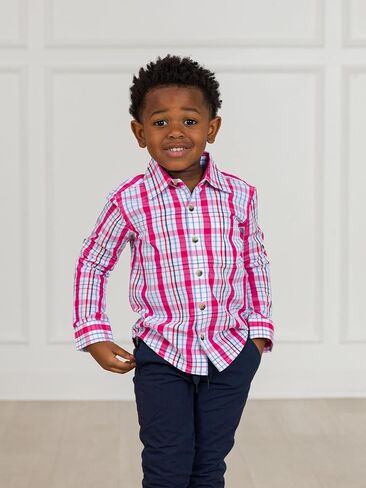 RUGGEDBUTTS® Boys Solid Cotton Long Sleeve Button Down Shirt with Button Tabs in Kuwait