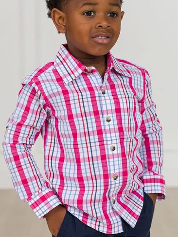 RUGGEDBUTTS® Boys Solid Cotton Long Sleeve Button Down Shirt with Button Tabs in Kuwait