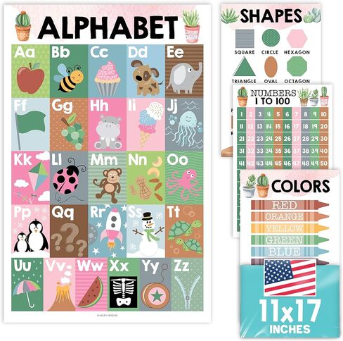 Hadley Designs 4 Alphabet, Count 1-100 Numbers, Colors, 2D 3D Shapes, ABC Posters Wall Decor, Counting Learning Chart For Kindergarten Classroom Prek Homeschool, Laminated Educational Supplies 11x17 in Saudi Arabia
