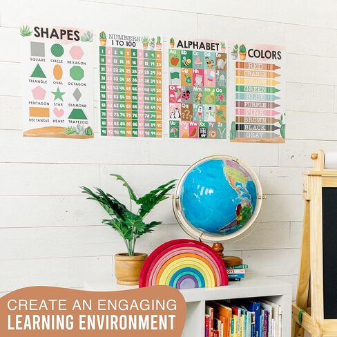Hadley Designs 4 Alphabet, Count 1-100 Numbers, Colors, 2D 3D Shapes, ABC Posters Wall Decor, Counting Learning Chart For Kindergarten Classroom Prek Homeschool, Laminated Educational Supplies 11x17 in Saudi Arabia