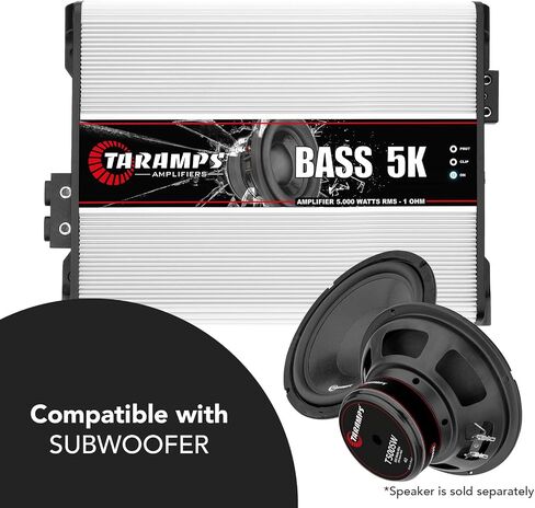 Taramps Bass 5K 1 OHM 1 Channel 5000 Watts RMS MAX ، AULL Range Car Audio ، Monoblock ، مؤشر شاشة LED ، مضخم الفئة D ، كروس ، أمبير أبيض 5K ، جودة الصوت in Saudi Arabia