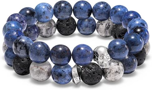 AWNL سوار من الفضة الإسترليني على شكل جمجمة مزدوج الخرز مع أحجار كريمة طبيعية دومورتيريت وأحجار بيكاسو البركانية هدية للرجال، 5.9 بوصة - 7.5 بوصة in Kuwait