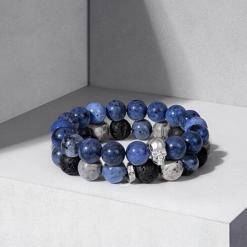 AWNL سوار من الفضة الإسترليني على شكل جمجمة مزدوج الخرز مع أحجار كريمة طبيعية دومورتيريت وأحجار بيكاسو البركانية هدية للرجال، 5.9 بوصة - 7.5 بوصة in Kuwait