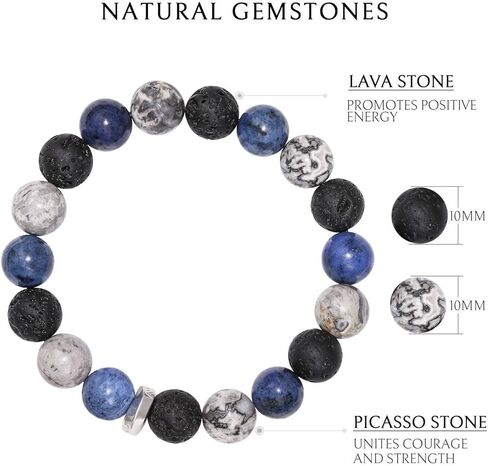 AWNL سوار من الفضة الإسترليني على شكل جمجمة مزدوج الخرز مع أحجار كريمة طبيعية دومورتيريت وأحجار بيكاسو البركانية هدية للرجال، 5.9 بوصة - 7.5 بوصة in Kuwait