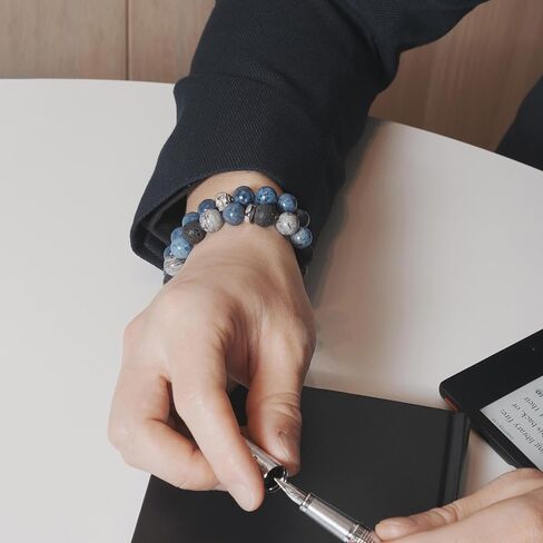 AWNL سوار من الفضة الإسترليني على شكل جمجمة مزدوج الخرز مع أحجار كريمة طبيعية دومورتيريت وأحجار بيكاسو البركانية هدية للرجال، 5.9 بوصة - 7.5 بوصة in Kuwait