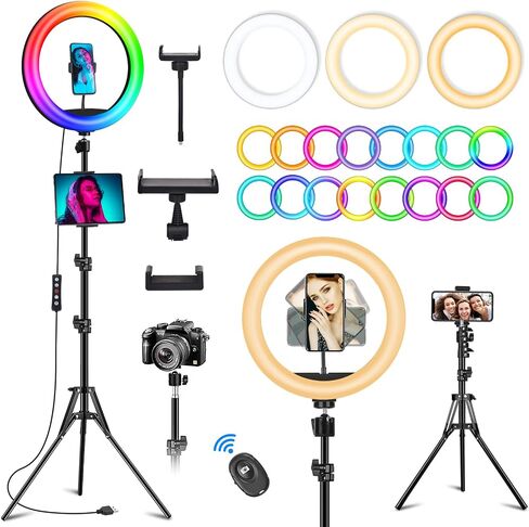 13" RGB Selfie Ring Light with Stand 76" Tall & 2 Phone Holders, Tablet Holder, Sunset Lamp & 51 Color Modes, Desk Tripod, 12 Dimming Levels Halo Light, LED Camera Ringlight for iPhone/TikTok/YouTube in Saudi Arabia