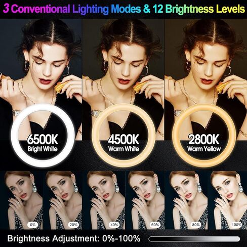 13" RGB Selfie Ring Light with Stand 76" Tall & 2 Phone Holders, Tablet Holder, Sunset Lamp & 51 Color Modes, Desk Tripod, 12 Dimming Levels Halo Light, LED Camera Ringlight for iPhone/TikTok/YouTube in Saudi Arabia