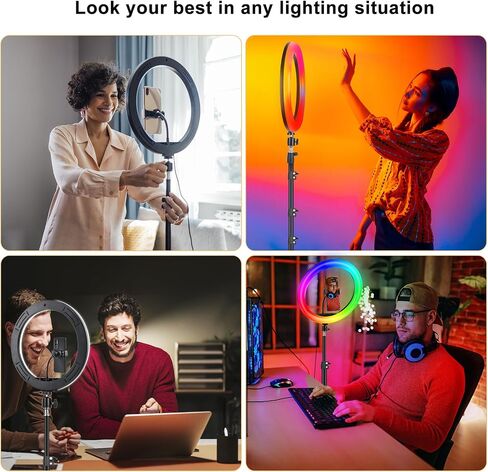 13" RGB Selfie Ring Light with Stand 76" Tall & 2 Phone Holders, Tablet Holder, Sunset Lamp & 51 Color Modes, Desk Tripod, 12 Dimming Levels Halo Light, LED Camera Ringlight for iPhone/TikTok/YouTube in Saudi Arabia
