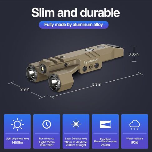 Darkfang 1450 Lumen تكتيكي المصباح مع التحرير والسرد الأخضر ليزر شعاع ، مصباح سلاح قابلية للتصميم منخفضة التصميم لبيكاتيني سكة حديد in Kuwait