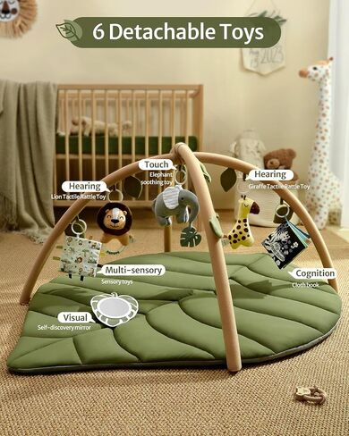 Blissful Diary Baby Play Gym & Activity Mat, Oversize Leaf Shaped Baby Play Mat w 6 Detachable Toys, Tummy Time Mat Promote Motor Skills & Sensory Development Mat, Newborn Infant Baby Essentials Gift in Saudi Arabia