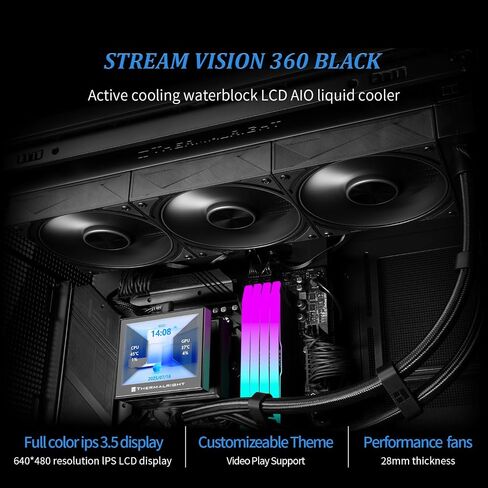 Thermalright Stream Vision 360 BLACK-AIO CILLER ، تبريد الماء 3x120 مم ، شاشة 3.5 بوصة LCD مع مروحة مضمنة ، ل AM4/AM5 ، LGA1700/1851 ، رأس تبريد مغناطيسي عالي الأداء ل 640 × 480 in Kuwait