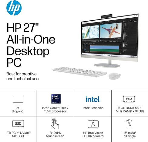 HP 27 "شاشة تعمل باللمس All-In-One-Windows 11 Pro PC للأعمال والمنزل ، عرض LED مضاد لـ FHD ، 27 بوصة ، Entel 12-Core Ultra 7 155U ، ارتفاع قابل للتعديل ، كاميرا FHD IR ، 16 جيجابايت DDR5 | 1 TB SSD in Saudi Arabia