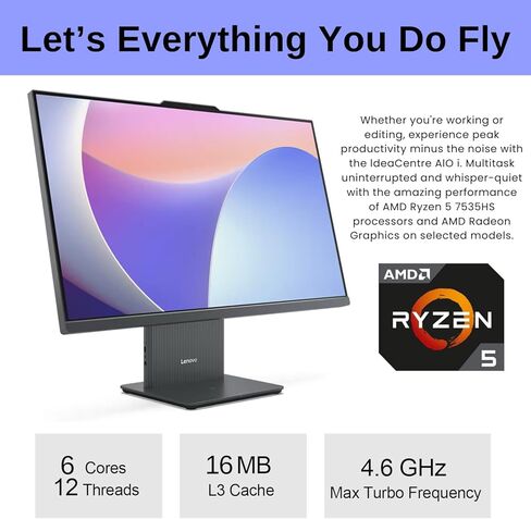 Lenovo 2024 IdeaCentre 27" All-in-One, FHD 100Hz Touchscreen, AMD Ryzen 5 7535HS, 16GB DDR5 RAM, 1TB SSD, Wireless KB & Mouse, Wireless Charging Base, RJ-45, Wi-Fi 6, Webcam, W11H, Grey in Saudi Arabia