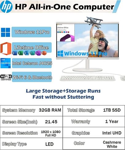 HP All-In-One Computer-21.5 '' FHD Anti-Glare Display ، KB & Mouse السلكية ، كمبيوتر سطح المكتب المنزلي ، Win 11 Pro ، Wi-Fi 6 ، Bluetooth ، Intel Celeron J4025 ، HD Webcam (32GB RAM | 1TB SSD) in Saudi Arabia