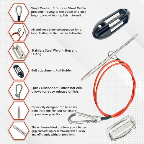 Fish Stringer for Spearfishing with Coated Stainless Steel Cable and Heavy Duty Carabiner (Belt Fish Stringer) in Saudi Arabia
