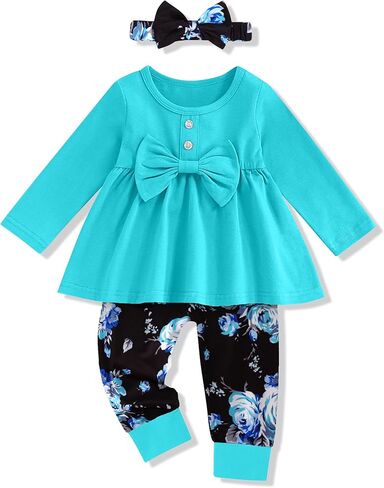 oklady Toddler Baby Girl Clothes Solid Color Ruffle Tops Floral Pants with Headband Fall Winter Cute Girl Outfits in Kuwait