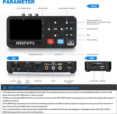 VHS to Digital Converter with 3" Display, AV & HDMI Video Capture Device, VCR to Digital Recorder for VHS Tapes, Hi8, Mini DV, DVD, Camcorders, Gaming, TV Box – USB/TF Storage-Black in Saudi Arabia
