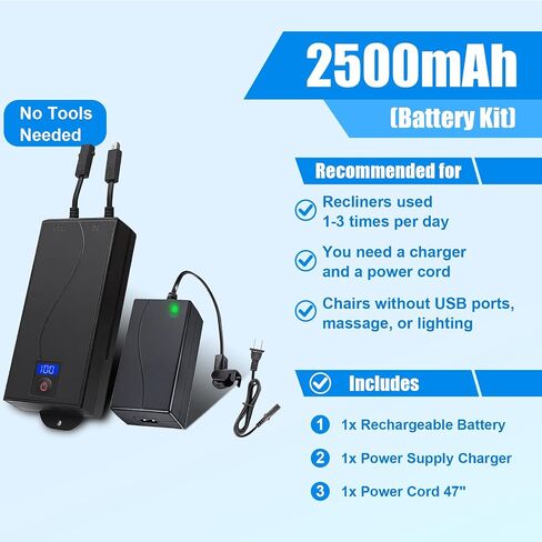 حزمة بطارية عالمية لأثاث مستلون مع عرض LED- بطارية سعة 2500 مللي أمبير في الساعة قابلة لإعادة الشحن للكراسي الكهربائي ، وأريكة الطاقة ، والأريكة ، وربح الرفع ، والأثاث المتحركة 2 دبوس (مع شاحن) in Saudi Arabia