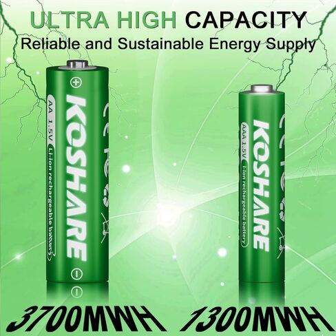 Rechargeable Lithium Battery with Charger,2 Boxes of 16pcs 1.5V 3700mWh AA and 1300mWh AAA High Capacity Li-ion Batteries,Reach up to 1200 Times (Black+Green, (4AA4AAA+8Slot Charger)*2) in Saudi Arabia