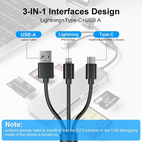 XD Card Reader, SD Card Reader for iPhone, 3 in 1 SD/TF/XD Picture Reader for Lightning/USB C/USB A Device, Lightning+USB A+USB C xd Picture Card Adapter for iPhone 16/15/14/13/iPad/PC/Android in Saudi Arabia