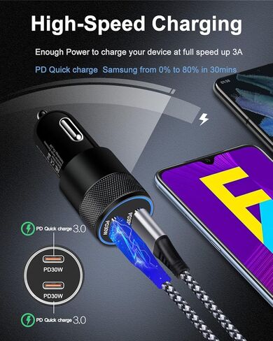 60W USB C Car Charger, 2 Pack AILKIN USB C Cigarette Lighter Adapter Fast Charging Dual Port PD3.0 Type C Car Charger Plug Compatible with iPhone 16 15 14 13 12 Pro Max Galaxy S25/S24/23 Pixel 9 8 Pro in Saudi Arabia