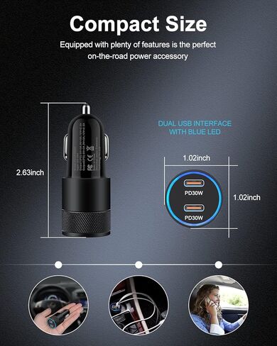 60W USB C Car Charger, 2 Pack AILKIN USB C Cigarette Lighter Adapter Fast Charging Dual Port PD3.0 Type C Car Charger Plug Compatible with iPhone 16 15 14 13 12 Pro Max Galaxy S25/S24/23 Pixel 9 8 Pro in Saudi Arabia